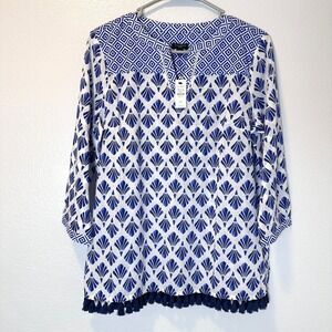 NEW Talbots Size-M/PETITE Blue White 100 % Cotton Tunic Geometric Print Tasseled